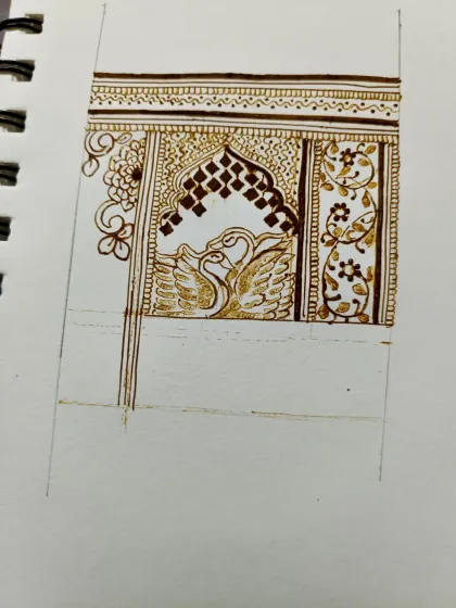 An in-progress shot of the bridal sketch. Here, I was focusing on the central element, the two swans, making sure their form and the surrounding details were just right.