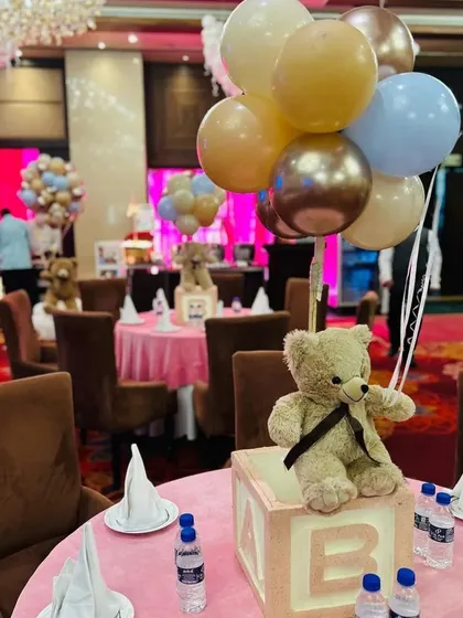 A wider view of our teddy bear themed table centerpieces. These details ensure the party's theme is carried throughout the venue, creating a cohesive and immersive experience for guests.