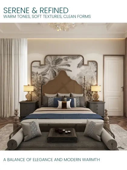 A bedroom should be a sanctuary. Here, we combined serene warm tones, soft textures, and clean forms to create a refined and modern space. The statement headboard and balanced decor bring a sense of elegance and calm.