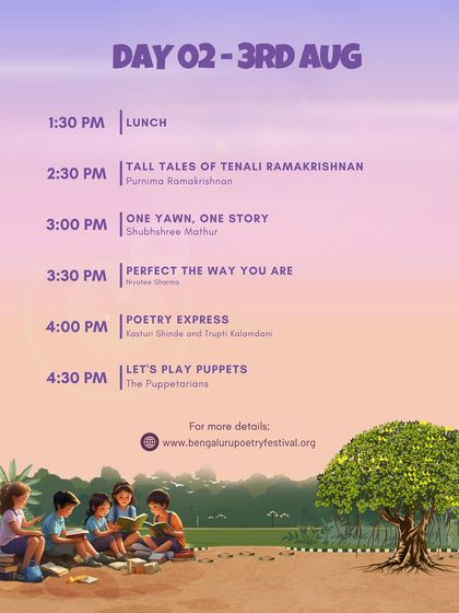 The schedule for Day 2 of the Children's Fest, featuring more tales, puppets, and creative sessions for the little ones.