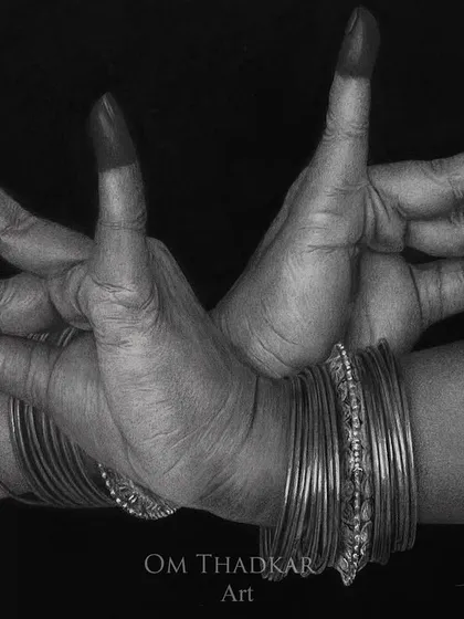 A fourth piece from the 'Mudras' collection. Each drawing in this series explores how hands can tell a story, conveying emotion and narrative through their specific forms.