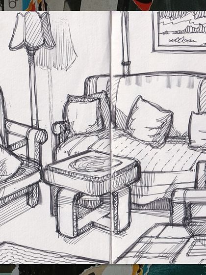 This spread features a detailed ink drawing of a living room, an exercise in perspective and interior sketching.