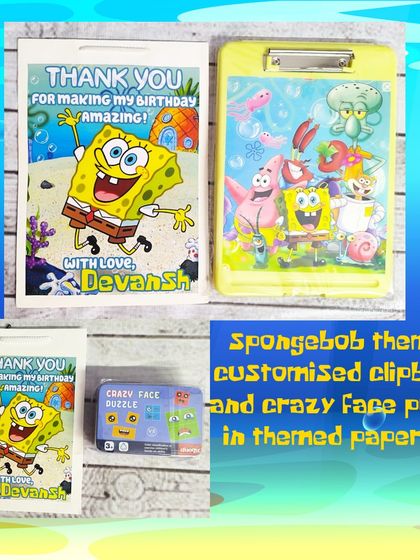 This SpongeBob-themed gift set includes a customized clipboard and a "Crazy Face Puzzle," all packed in a themed paper bag.