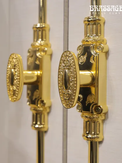 A close-up of my intricately detailed door bolts in a polished gold finish. Exhibitions are the perfect opportunity for visitors to appreciate the fine craftsmanship and detailed engraving that can only be truly seen up close.