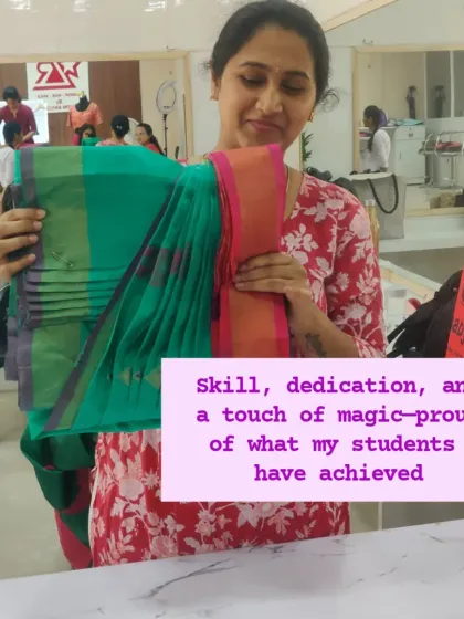 Look at the beautiful result of skill and dedication. I am so proud of what my students achieve in my workshops. This perfectly box-pleated saree is a testament to her hard work.