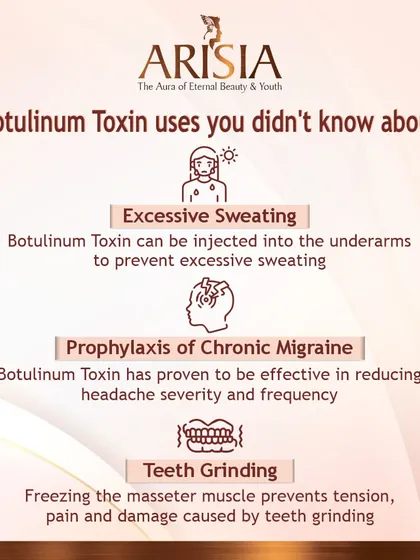 Botulinum Toxin is known for its anti-aging benefits, but its uses go much further. We use this US-FDA approved treatment to address concerns like excessive sweating (hyperhidrosis), provide relief from chronic migraines, and prevent teeth grinding by relaxing the masseter muscle.