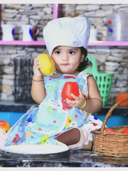 Our 'Little Chef' is hard at work in this fun kitchen setup, complete with a basket of vegetables and a toy stove.
