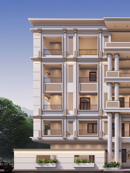 Another angle of the palatial project render, highlighting the symmetrical design and the rhythmic pattern of its architectural elements.