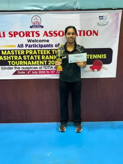Ananya Chande with her trophy after winning the Women's title at the 1st Maharashtra State Ranking Tournament. Her focus and determination on the court are truly inspiring.