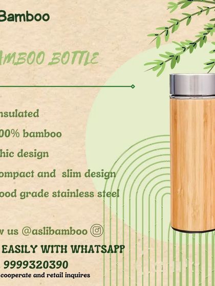 This graphic advertises our bamboo bottle, emphasizing its key features like insulation and food-grade stainless steel. It's a stylish and practical way to stay hydrated while making a positive choice for the environment.