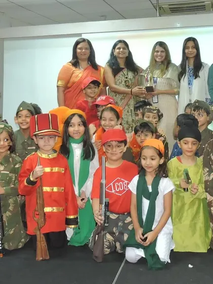 A group photo captures the patriotic spirit of our 'Jashn-e-Azadi' inter-house competition, with students dressed as freedom fighters and national heroes alongside our teachers and esteemed guest judge.