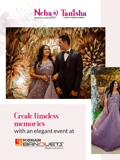 Create timeless memories with an elegant event at Mohan Banquets. This couple poses in front of a rustic-chic photo wall we designed with dried grasses and a custom neon sign.