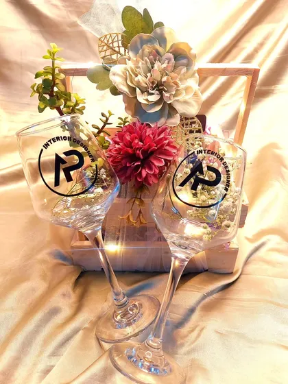 A close-up of the custom wine glasses we created for an interior designer's client gift. Personalizing items with a client's logo is one of our specialties.