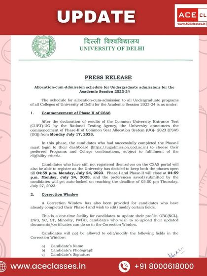 A press release from the University of Delhi detailing the allocation and admission schedule for undergraduate admissions for the 2023-24 academic session.