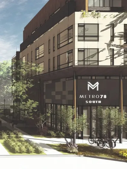 The Metro 78 project in Edmonton exemplifies our expertise in transit-oriented development at an underutilized LRT station. This rendering showcases the north building, part of a car-free design that promotes equity in housing and transportation while integrating seamlessly with the surrounding community.