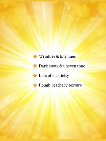 The visible signs of photoaging include wrinkles, fine lines, dark spots, uneven skin tone, loss of elasticity, and a rough, leathery texture.