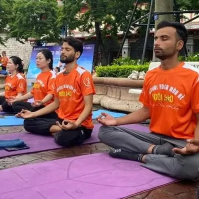 Two of our talented instructors, Akshay Deshwal and Saurav Tomar, leading a meditation session during a yoga event in Vietnam. We are proud to share our knowledge on international platforms.