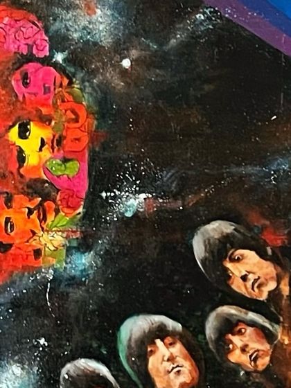A close-up detail from 'Lemniscate of Music', showing my interpretation of album art by The Beatles floating in a cosmic swirl.