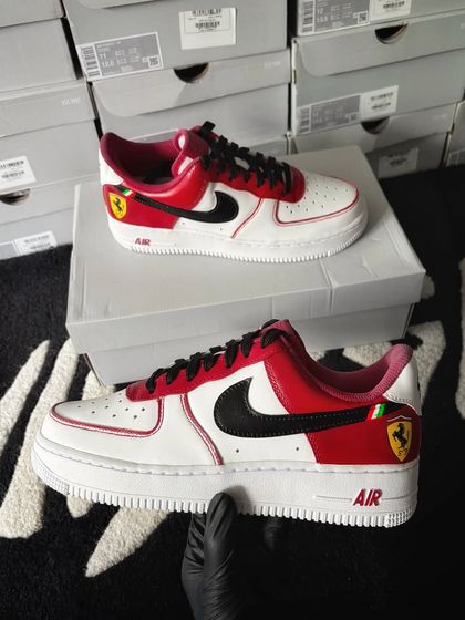 A full view of the Ferrari-themed custom Nike Air Force 1s.