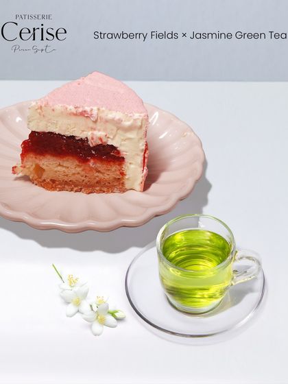 A delicate pairing of my Strawberry Fields entremet with a cup of jasmine green tea. The floral notes of the tea complement the sweet strawberry and vanilla.