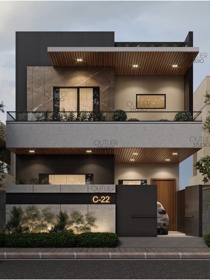 This compact villa design demonstrates a modern, minimalist approach. I used a clean palette of grey micro concrete, dark trim, and wood-paneled ceilings to create a sophisticated and understated exterior.