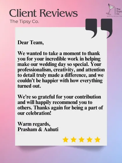 A wonderful thank you note from a couple who appreciated our professionalism, creativity, and attention to detail. We are so happy they were pleased with how everything turned out.