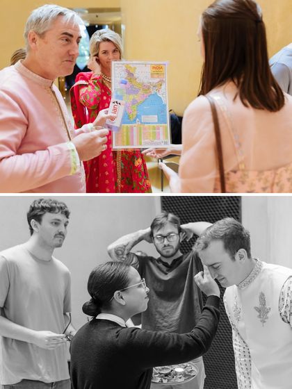 A candid collage showing guests from different cultures embracing the Indian traditions, from applying a tilak to learning about the map of India.