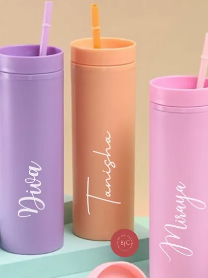 Our candy crush tumblers in pretty pastel shades of lilac, peach, and pink. These matte skinny tumblers are perfect for bridesmaids' gifts or a birthday present.