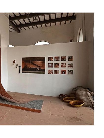 The tensile mud installation taking shape at the biennale. This piece was designed to be both an art object and an educational tool about natural building methods.