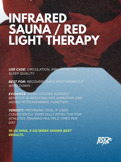 Infrared saunas and red light therapy are promising tools for improving circulation and reducing inflammation. Early studies suggest benefits for mitochondrial function, making them effective for recovery days and post-workout wind-downs.