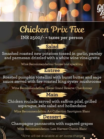 For our New Year's celebration, I curated a multi-course Chicken Prix Fixe menu. Each course, from the smashed potato salad to the chicken roulade, was paired with one of my wines to create a harmonious dining experience.