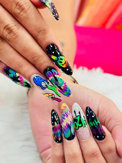 A bold and psychedelic design featuring tie-dye patterns, mushrooms, and smiley faces for a fun, retro vibe.