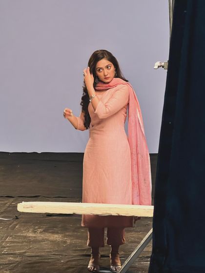 A behind the scenes shot from the '#Vanshaj' poster shoot. This simple yet elegant pink salwar kameez was chosen to reflect the character's personality.