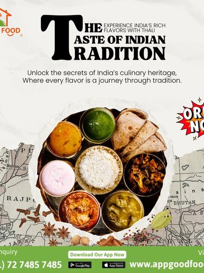 Unlock the secrets of India's culinary heritage with our thali. Set against a map of India, this meal represents a journey through tradition.