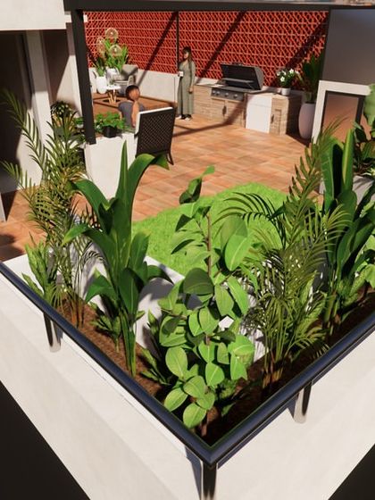 An overhead 3D view of a corner balcony. The design fills the space with lush, tropical plants, transforming it into a dense and private green sanctuary.