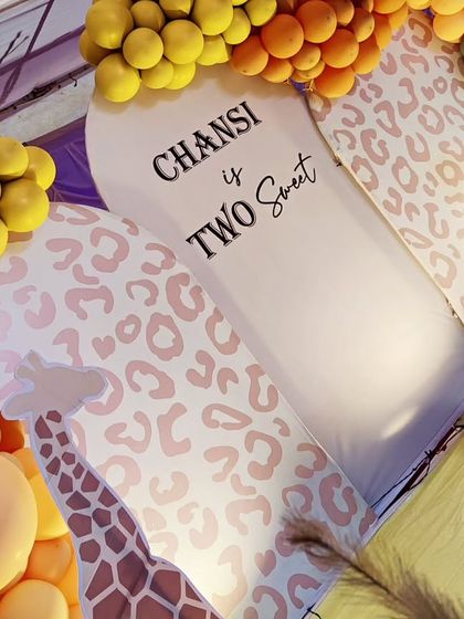 A tilted view of a "Two Sweet" jungle theme, highlighting the unique balloon colors and leopard-print backdrop panels.
