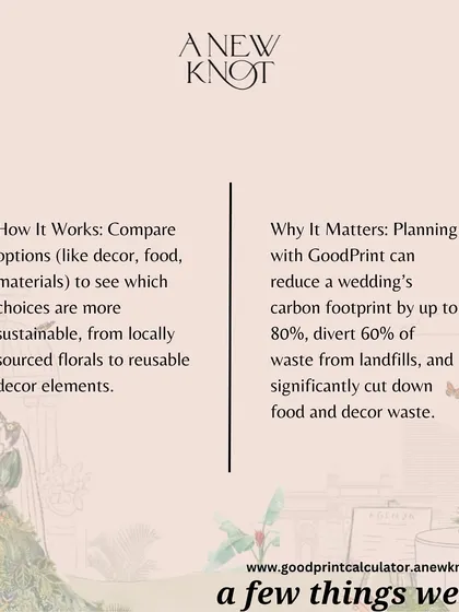 How does it work? Our GoodPrint calculator helps compare options to see which are more sustainable, from reusable decor to local florals, reducing waste by up to 60%.