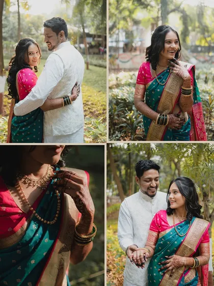 This collage captures the vibrant colors and happy moments of an engagement shoot. It features both posed portraits and candid interactions in a lush, green park setting.