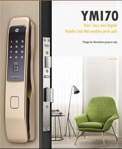 We offer premium digital door locks like the Yale YM170. This push-pull handle lock features multiple access methods including fingerprint and keypad, and it integrates seamlessly with our Control4 home automation systems for remote control and monitoring.