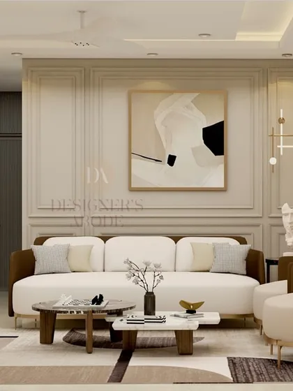 This render showcases a living room design that balances family unity with sophisticated comfort. The wainscoting and modern furniture create an environment that is both elegant and functional for everyday life.