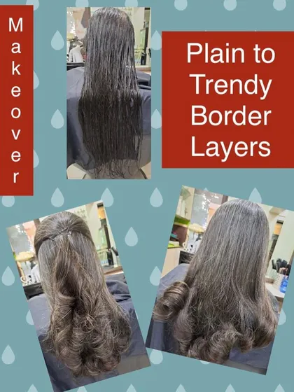 This transformation takes hair from plain to trendy with the addition of border layers and a half-up style, showing the versatility of a great cut.