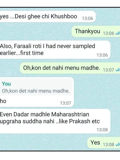 A customer appreciating the "Desi ghee chi Khushboo" (aroma of pure ghee) and the unique Farali Roti that they had never tasted before. This is why I stick to traditional, quality ingredients.