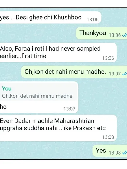 A customer appreciating the "Desi ghee chi Khushboo" (aroma of pure ghee) and the unique Farali Roti that they had never tasted before. This is why I stick to traditional, quality ingredients.