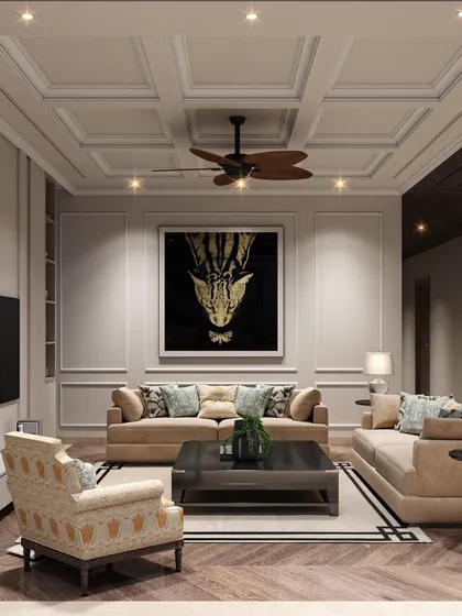 A concept for a family lounge that blends classical elegance with modern comfort. Neoclassical wall mouldings and a coffered ceiling are paired with plush sofas and a striking piece of contemporary art.