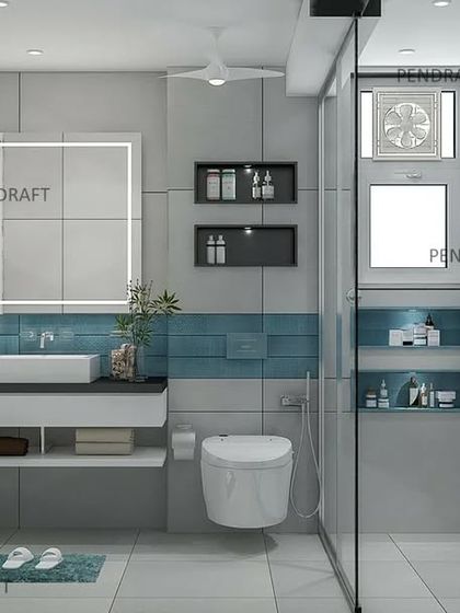 This design incorporates a band of blue textured tiles that runs horizontally across the bathroom, adding visual interest and breaking the monotony of the light grey walls.