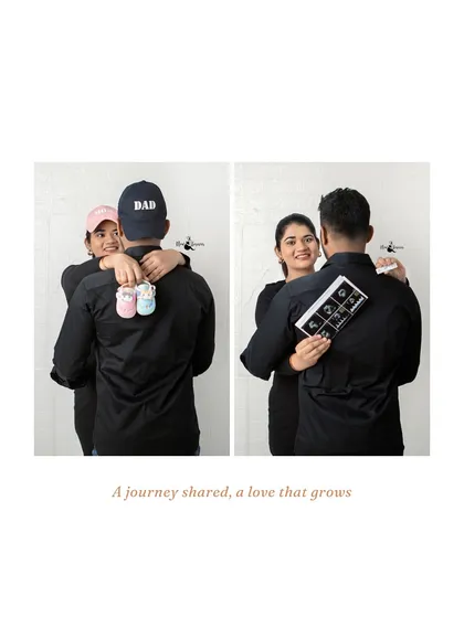 A creative diptych showing the couple from behind, revealing little baby shoes and the sonogram. It’s a playful and heartwarming way to announce their journey in a casual style.