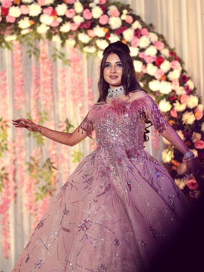 A full-length shot of the fairytale gown. The makeup was designed to be just as dramatic and breathtaking as the outfit.