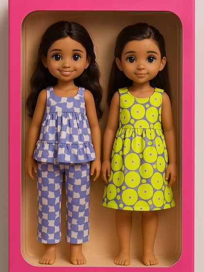 I had a little fun imagining our outfits on dolls! Here are two of our favorite girls' sets, a checkered co-ord and a vibrant dress, ready for a dollhouse party.