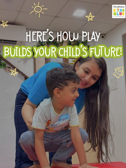 Here's how play builds your child's future. This image shows a mentor helping a child with a physical challenge, demonstrating our hands-on, supportive approach.