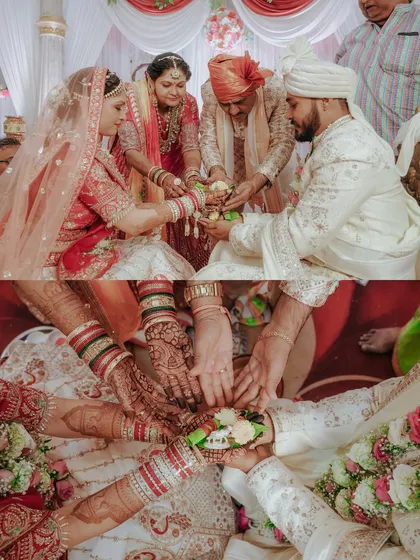 A collage showing the importance of family in a wedding. The top photo shows parents blessing the couple, while the bottom shows all hands joined in a circle of love and support.